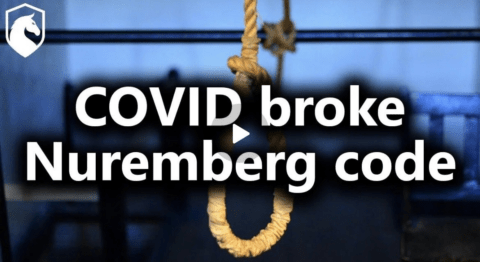 A noose hangs in a dimly lit room with the text “COVID broke Nuremberg code” in bold white letters across the image.