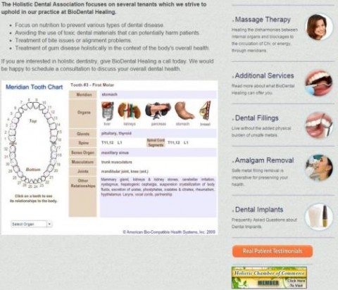 Screenshot of the "BioDental Healing" website showing the "Meridian Tooth Chart".