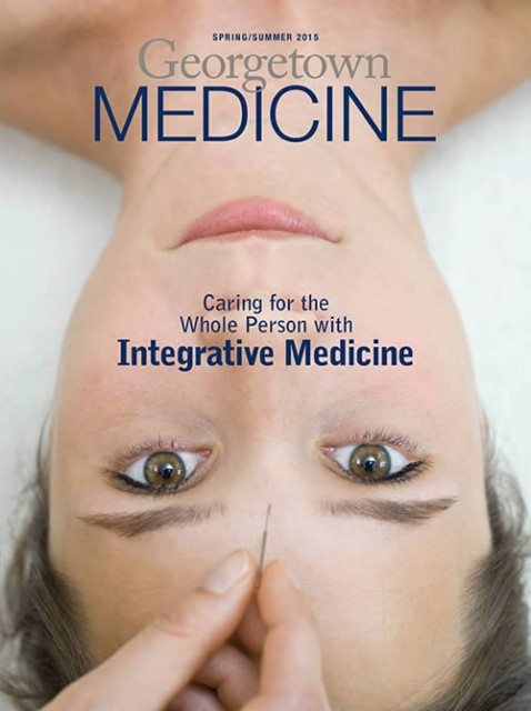 The cover of Georgetown Medicine Spring/Summer 2015 issue. This image will drive Mark Crislip crazy, as it features yet another acupuncturist not using gloves while sticking needles into people. Dr. Gorski loves watching Dr. Crislip's reactions to such photos.