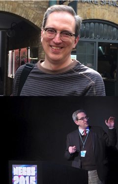 Two photos of Dr. David Gorski, one in London, another presenting at NECSS in 2015.