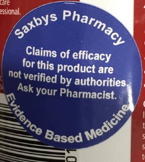 Stickers placed on products that haven't been evaluated for efficacy by regulators.