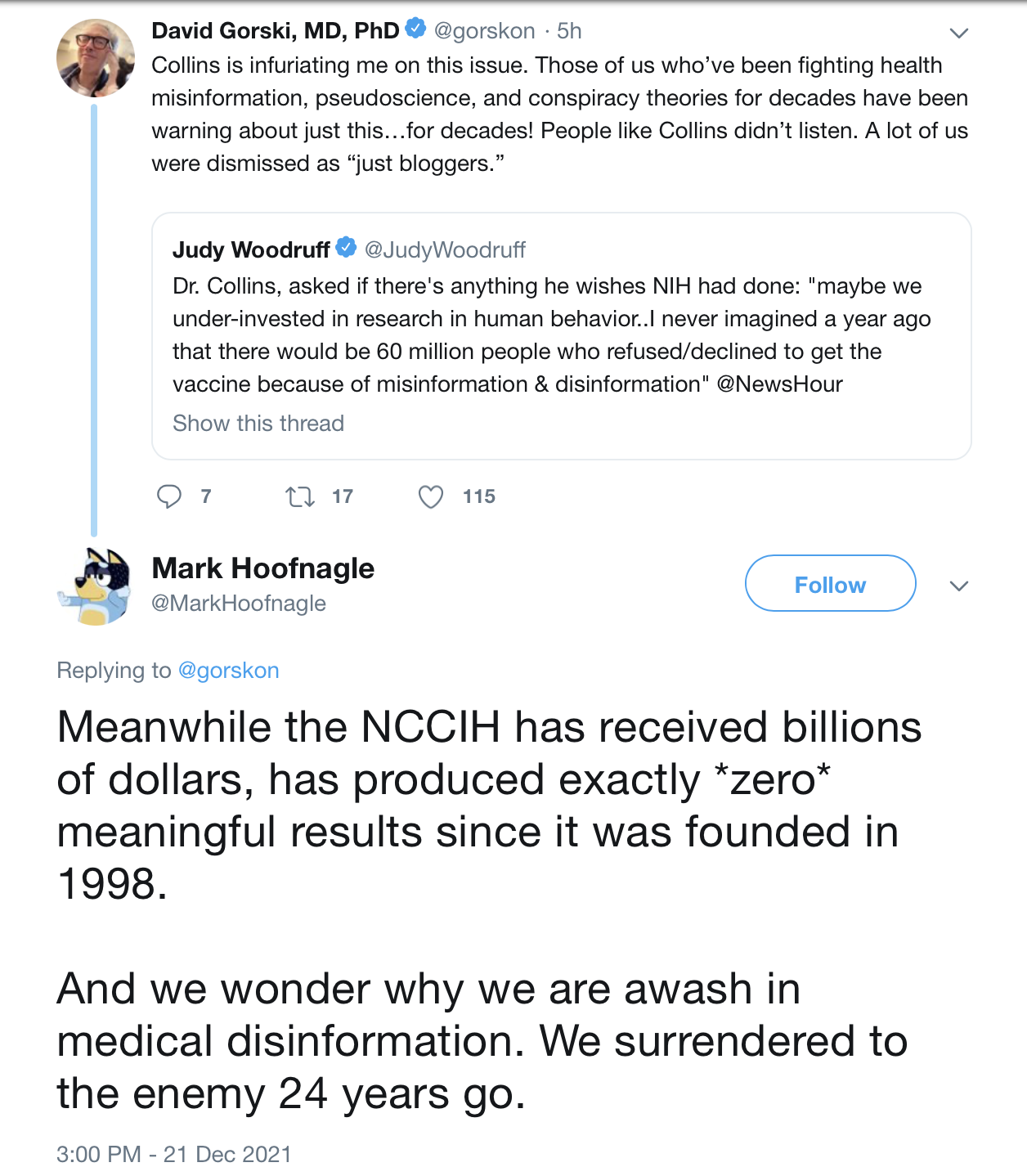 Screenshot of a Twitter conversation. David Gorski discusses frustration over misinformation about vaccines. Judy Woodruff quotes Dr. Collins on misinformation affecting COVID-19 vaccine uptake. Mark Hoofnagle criticizes the NCCIH for lacking results.