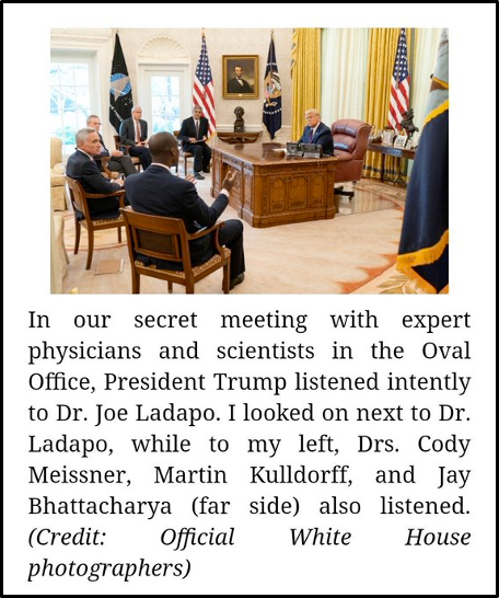 President Trump meeting with experts in the Oval Office. He listens intently to Dr. Joe Ladapo, seated next to him. Drs. Cody Meissner, Martin Kulldorff, and Jay Bhattacharya are also present, listening. Flags and presidential seal are visible. (Credit: Official White House photographers).