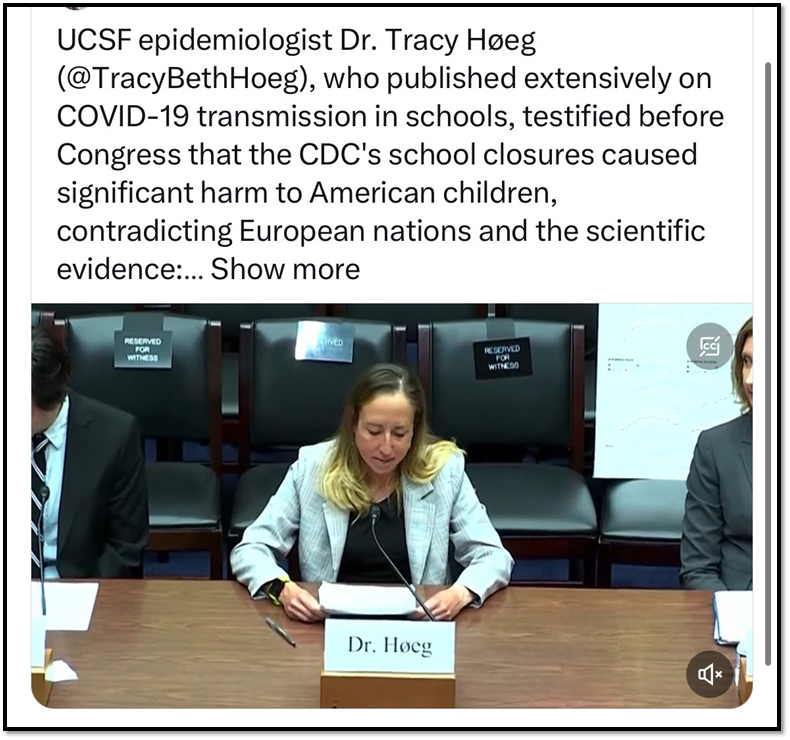 A person is sitting at a table with a microphone and papers, prepared to testify. The backdrop features reserved seating signs and text highlighting UCSF epidemiologist Dr. Tracy Høeg's testimony on COVID-19 school closures before Congress, questioning CDC's decisions.