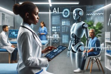 A doctor interacts with a digital tablet displaying medical data, while a holographic AI robot and various medical charts are projected in the air. Two patients and another medical professional are in the background within a modern, high-tech medical facility.