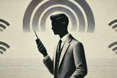 A silhouette of a man in a suit holds a smartphone, standing in front of a background with Wi-Fi signal icons and concentric circles emanating from the phone. The imagery suggests a connection between technology, communication, and connectivity.