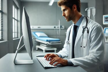 A doctor in a white coat, with a stethoscope around his neck, types on a keyboard at a desk. Behind him is a medical examination room with a blue bed and an IV stand. The room is well-lit, highlighting the doctor's focused expression.