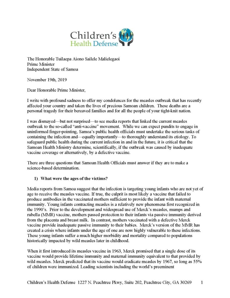 An official letter from Children's Healthcare of Atlanta addressed to the Prime Minister of Samoa, discussing a measles outbreak. The letter includes details about the age of the victims and urges for immediate action to control the situation.