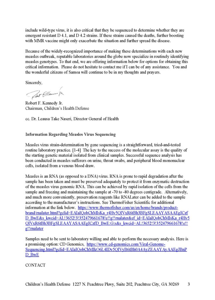 A document titled "Information Regarding Measles Virus Sequencing" on letterhead from Children's Health Defense. It discusses virus sequencing, identifying wild-type and vaccine strains, and the implications for vaccines. There's a contact address at the bottom.