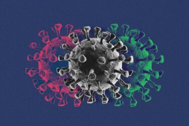 A stylized illustration of a virus particle with three overlapping circular halos, each colored differently: red, green, and white. The background is a solid dark blue.