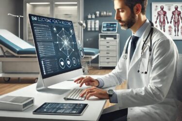 A doctor in a modern medical office reviews electronic health records on a desktop computer. The room features medical equipment, an anatomical chart, and a digital tablet on the desk. The atmosphere is professional and clinical.