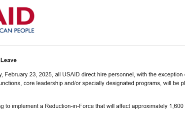 Image of a USAID notification announcing a reduction-in-force affecting 1,600 personnel. Starting February 23, 2025, all direct hire personnel will be on administrative leave, except for specific designations.