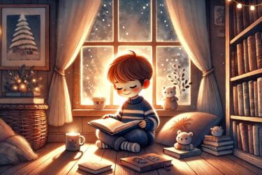 A child with brown hair sits cross-legged by a cozy window, reading a book. Snow falls outside. The room is warmly lit, with books, a teddy bear, and glowing string lights. A steaming mug rests nearby, creating a serene and inviting atmosphere.