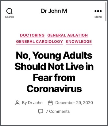 Screenshot of an article titled "No, Young Adults Should Not Live in Fear from Coronavirus" by Dr. John, dated December 29, 2020. Tags include doctoring, general ablation, general cardiology, and knowledge. Seven comments are noted.