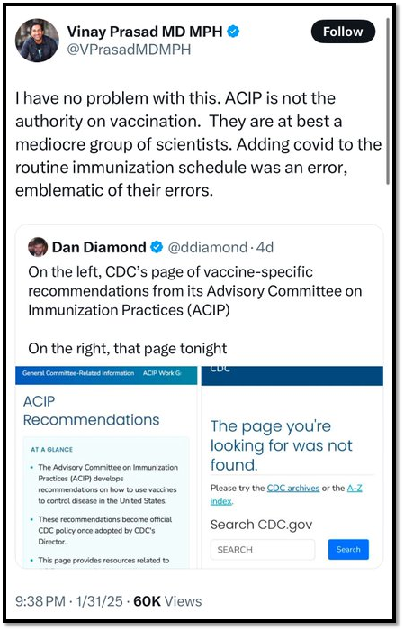 A tweet by Vinay Prasad commenting on the Advisory Committee on Immunization Practices and COVID vaccination. Below is a tweet by Dan Diamond showing a missing webpage from CDC's site related to ACIP recommendations.