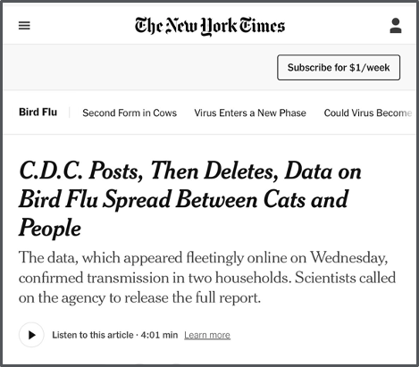 Screenshot of The New York Times website with a headline: "C.D.C. Posts, Then Deletes, Data on Bird Flu Spread Between Cats and People." The article discusses the fleeting appearance of data showing transmission in two households.