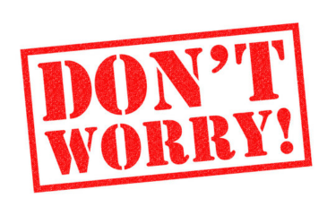 Red text saying "DON'T WORRY!" in a bold, distressed font, enclosed within a red rectangular border on a white background.