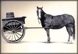 A horse stands in harness, attached to a small, vintage wooden cart with a large wheel and a barrel-like container. The image is in black and white, giving it an old-fashioned appearance.