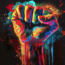 A vibrant, multicolored fist raised against a dark background, surrounded by splashes of blue, red, yellow, and orange paint, symbolizing strength and unity.