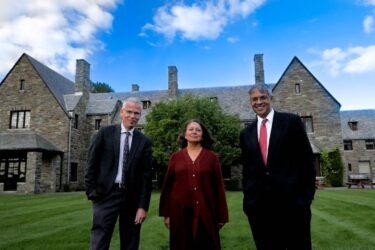 Great Barrington Declaration authors Jay Bhattacharya, Martin Kulldorff, and Sunetra Gupta in front of AIER headquarters in Great Barrington, MA.