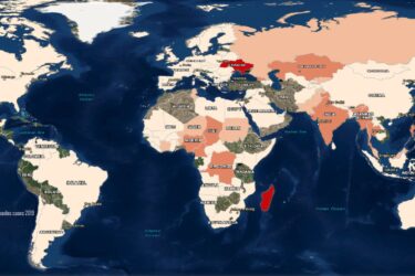 World map showing measles cases by country in 2018. Dark red indicates the highest number of cases (over 45,000), while light beige indicates the lowest (under 400). Notable high-case regions include Madagascar and Ukraine.