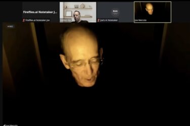 A virtual meeting screenshot features five participants, with one highlighted in dim lighting. Others are visible in small window thumbnails, including one with a bookshelf backdrop. Various text labels adorn the screen, reminiscent of how Dr. Mercola might organize an informative webinar.