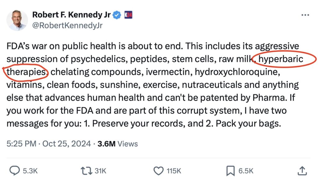 Screenshot of a tweet by Robert F. Kennedy Jr. discussing the FDA's impact on public health, mentioning topics like psychedelics, stem cells, raw milk, and hyperbaric therapies. It urges FDA employees to "preserve your records" and "pack your bags.