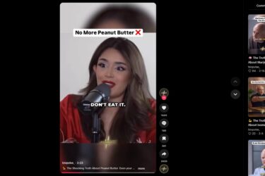 A woman in a red outfit speaks into a microphone with the text "DON'T EAT IT." A large text above reads "No More Peanut Butter ✘." The video appears on a TikTok interface with engagement icons on the right side.