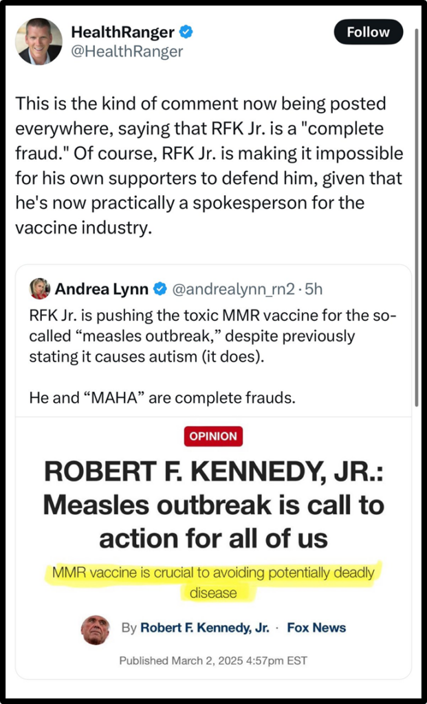 Screenshot of a tweet by HealthRanger commenting on Andrea Lynn's tweet about RFK Jr. promoting the MMR vaccine. It highlights RFK Jr.'s article in Fox News and accuses him of being a spokesperson for the vaccine industry.