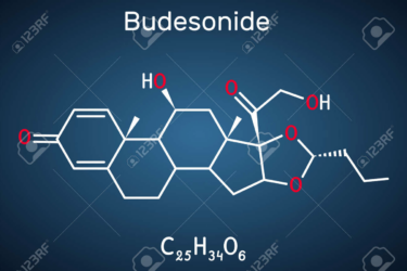 Chemical structure diagram of Budesonide, displaying its molecular formula C25H34O6. The structure includes hexagonal and pentagonal carbon rings and oxygen atoms, with hydrogens implicitly shown. The background is a dark blue gradient.