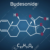 Chemical structure diagram of Budesonide, displaying its molecular formula C25H34O6. The structure includes hexagonal and pentagonal carbon rings and oxygen atoms, with hydrogens implicitly shown. The background is a dark blue gradient.