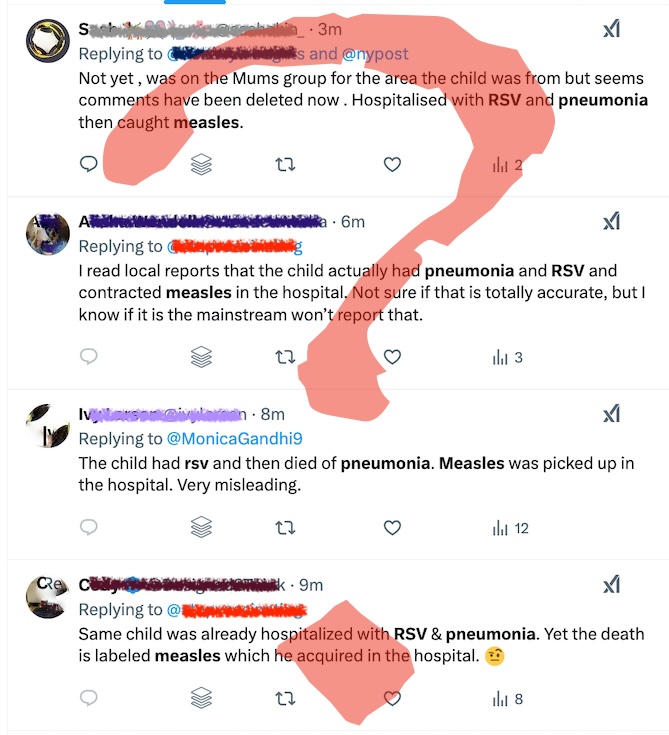 Tweets discussing a child's hospitalization and contracted illnesses feature mentions of RSV, pneumonia, and measles. Some text is obscured for privacy, with a large red question mark overlaid on the image.