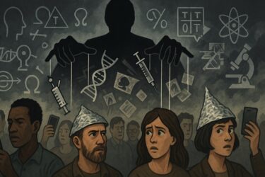 A shadowy figure manipulates strings connected to scientific symbols while anxious people wearing tin foil hats look on, surrounded by skeptical onlookers with smartphones.
