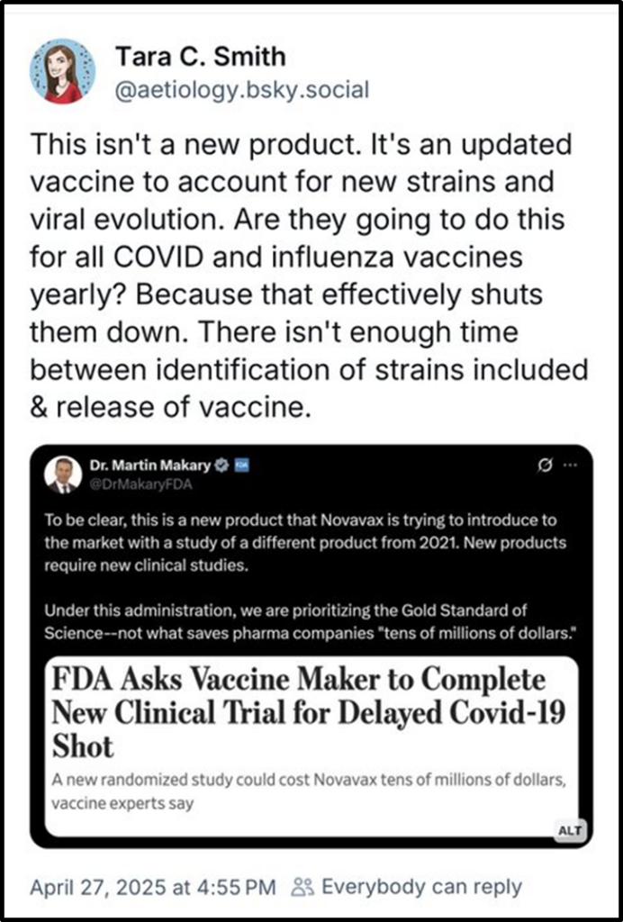 A social media post by Tara C. Smith explains that updated COVID and flu vaccines address new strains, leading to delays between strain identification and vaccine release. A tweet about FDA asking Novavax to trial a delayed COVID shot is shown.