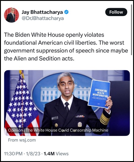 A man in a U.S. Public Health Service uniform speaks at a podium, holding a blue booklet titled "Confronting Health Misinformation." The background features an emblem with the U.S. flag.