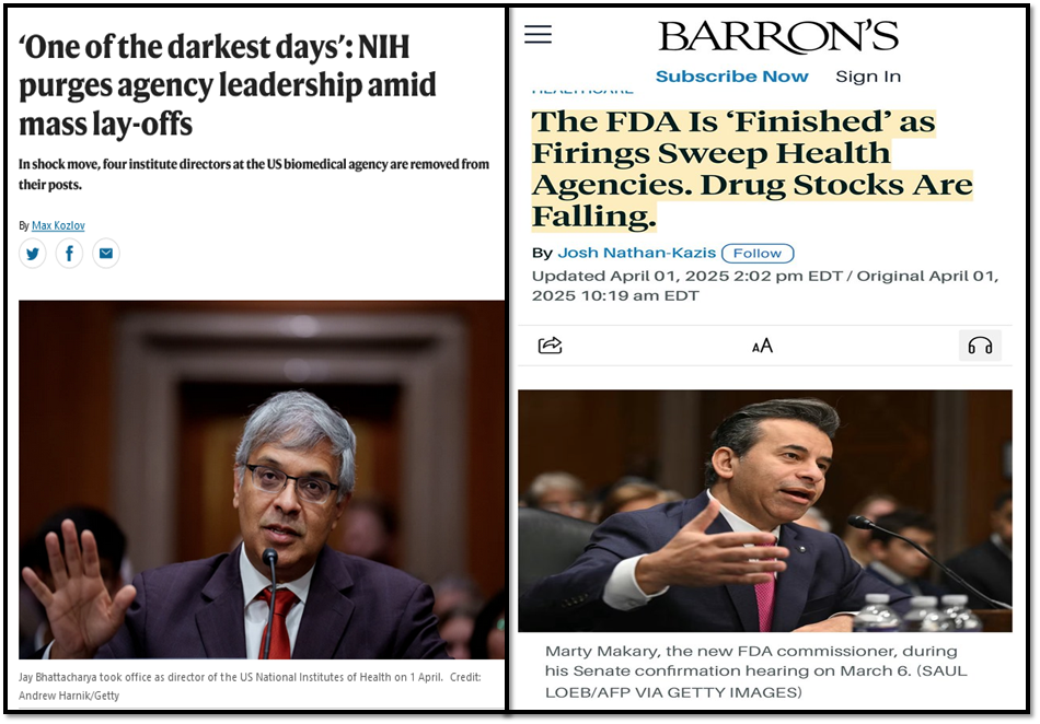 A collage of news headlines about U.S. health agencies: Left, NIH faces leadership resignations and layoffs; top right, FDA called “finished” as leaders are fired and drug stocks fall; bottom right, a man speaks at a congressional hearing.