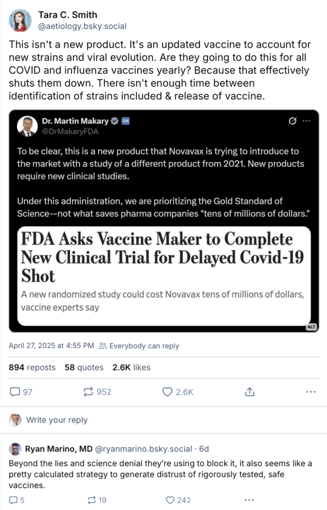 A screenshot of a tweet by Tara C. Smith discusses Novavax, an updated Covid vaccine, and shares Dr. Martin Makary's post reporting the FDA requested new EBM-focused clinical trials for the delayed Covid-19 shot.