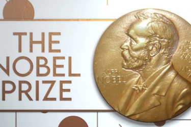 A large gold Nobel Prize medal featuring Alfred Nobel’s profile is displayed next to bold text reading "THE NOBEL PRIZE" on a white and gold background.
