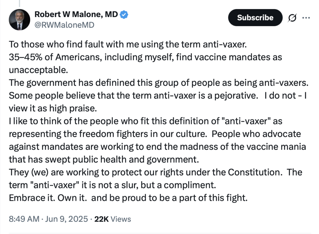 A tweet from Robert W Malone, MD, discusses the term "anti-vaxxer," stating that 35–45% of Americans find vaccine mandates unacceptable and seeing "anti-vaxxer" as a compliment for supporting rights and fighting public health "madness.