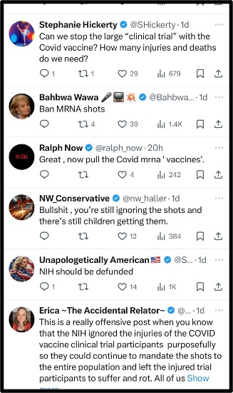 A screenshot of Twitter replies discussing COVID-19 vaccines, with users expressing skepticism, calling for the ban of mRNA shots, criticizing the NIH, and questioning vaccine-related deaths and funding.