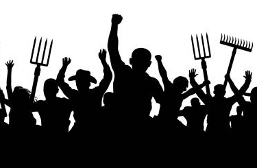 Silhouette of a crowd of people raising fists and pitchforks, appearing to protest or revolt, with some wearing hats; the background is plain white.