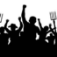 Silhouette of a crowd of people raising fists and pitchforks, appearing to protest or revolt, with some wearing hats; the background is plain white.