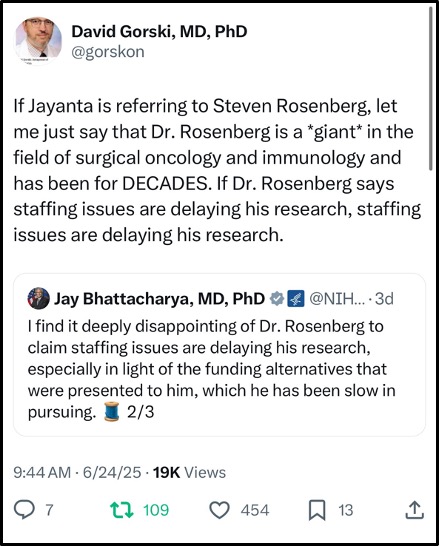 A tweet by David Gorski, MD, PhD, comments on Dr. Rosenberg, calling him a "giant" in surgical oncology and suggesting staffing issues likely are delaying his research, quoting a related tweet by Jay Bhattacharya.