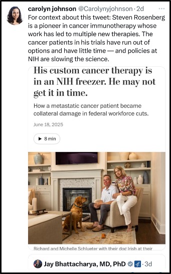 A tweet by Carolyn Johnson discusses Steven Rosenberg’s cancer research being delayed by NIH policies. Below is a news article screenshot with a photo of a man and woman sitting on a couch with a dog beside them in a living room.