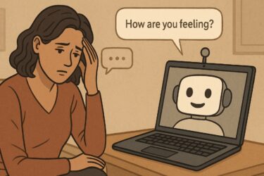 A sad woman sits with her hand on her forehead, looking at a laptop. On the screen, a friendly robot asks, "How are you feeling?" in a speech bubble.