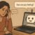 A sad woman sits with her hand on her forehead, looking at a laptop. On the screen, a friendly robot asks, "How are you feeling?" in a speech bubble.
