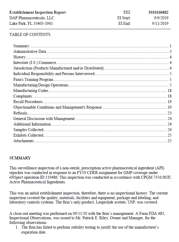 FDA Establishment Inspection Report for DAP Pharmaceuticals, dated 9/11/19, includes a table of contents, a summary, and details about an inspection related to an active pharmaceutical ingredient manufacturing site.