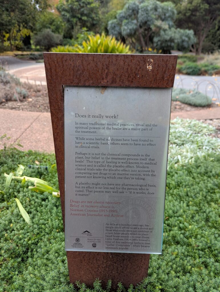 A rusty outdoor sign titled "Does it really work?" explains the placebo effect in traditional medicine, mentioning belief in recovery, a quote by American Cousins (1915), and calling for further scientific research.
