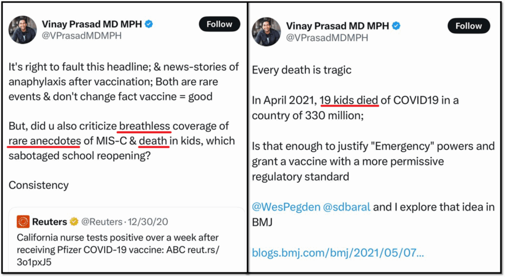 A side-by-side image of tweets by Vinay Prasad, criticizing media coverage of COVID-19 vaccine side effects in kids. He calls some headlines "breathless" and highlights the low number of deaths in children in April 2021.