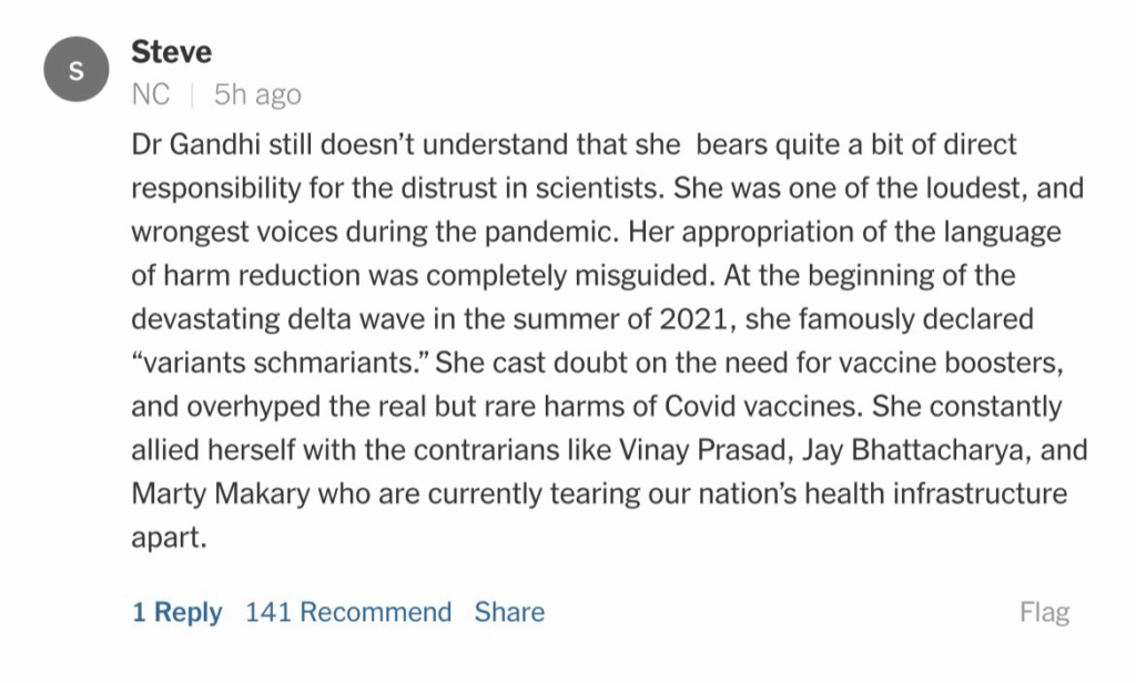 A comment from a user named Steve criticizing Dr. Gandhi for contributing to public distrust in science during the pandemic and aligning with other vaccine skeptics who undermine the nation’s health infrastructure.